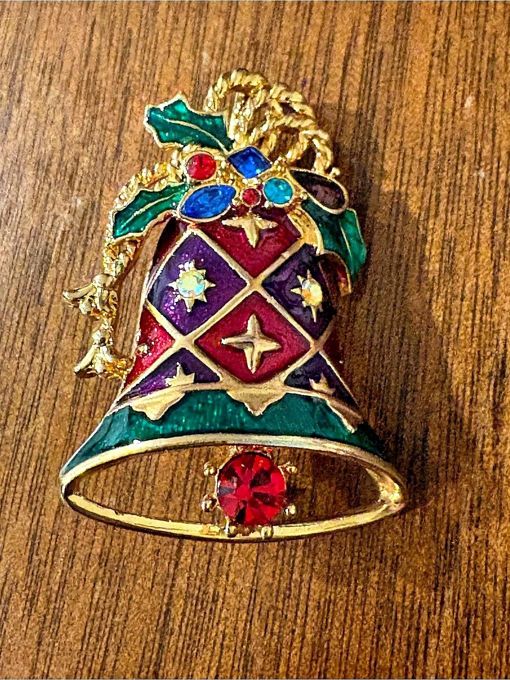 Christopher Radko Christmas Bell Brooch Enamel Rhinestone Gold Tone Pin